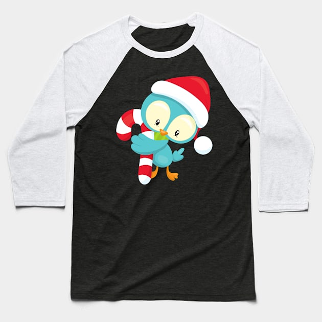 Christmas Bird, Cute Bird, Santa Hat, Candy Cane Baseball T-Shirt by Jelena Dunčević